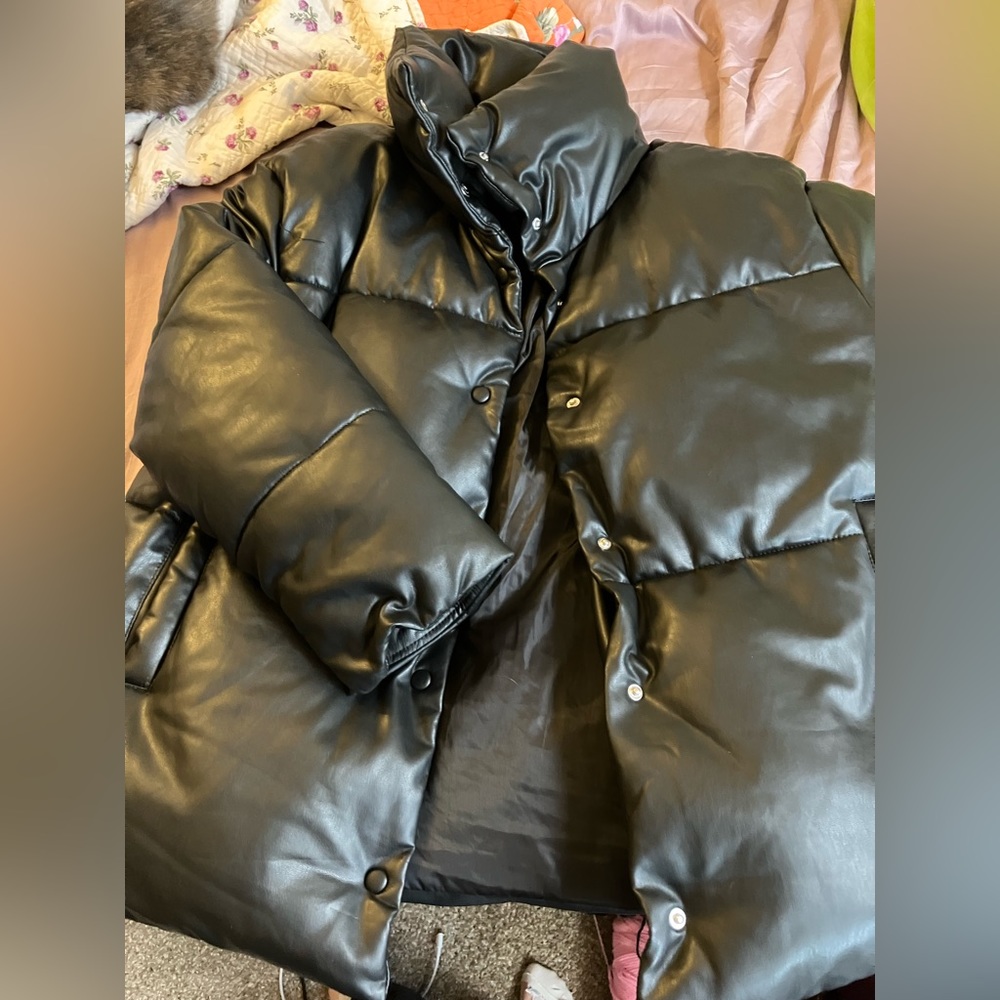 **AVEC LES FILLES** Black Quilted Faux Leather Puffer Coat